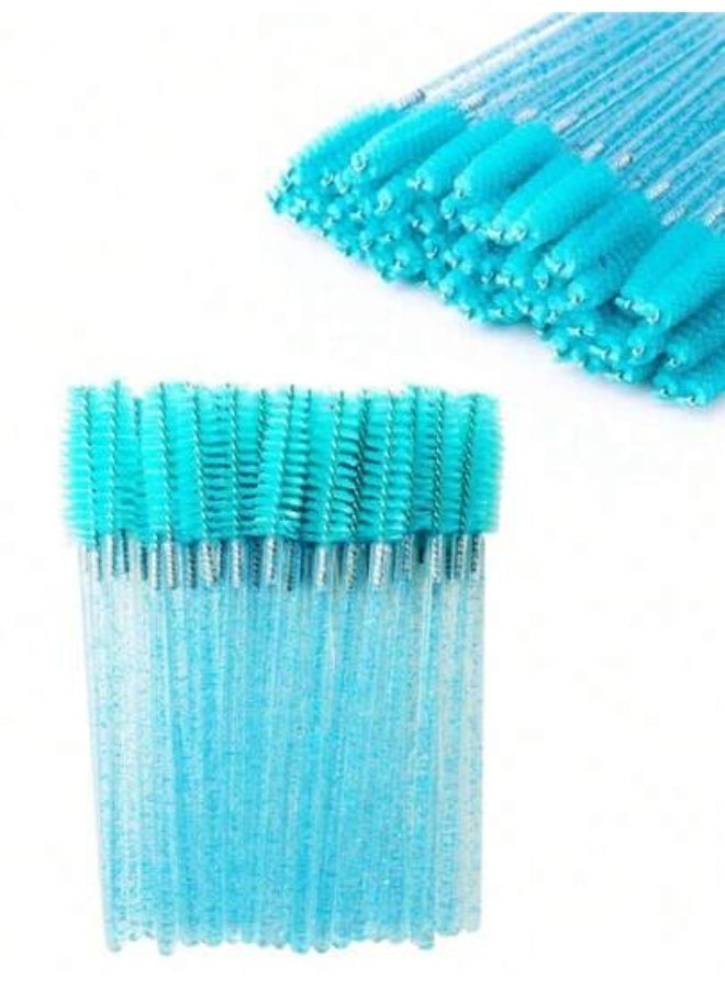 50 Disposable Mascara Wands – Glitter Handle Eyelash Brushes – Light Blue Spiral Lash Applicators – Makeup, Extensions & Brow Grooming Tools - Image 1